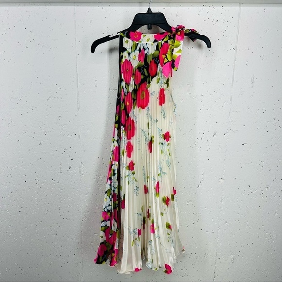 Vintage Neelam Medium High Neck Sleeves Whit Pink Floral Pleated Dress - Picture 6 of 16